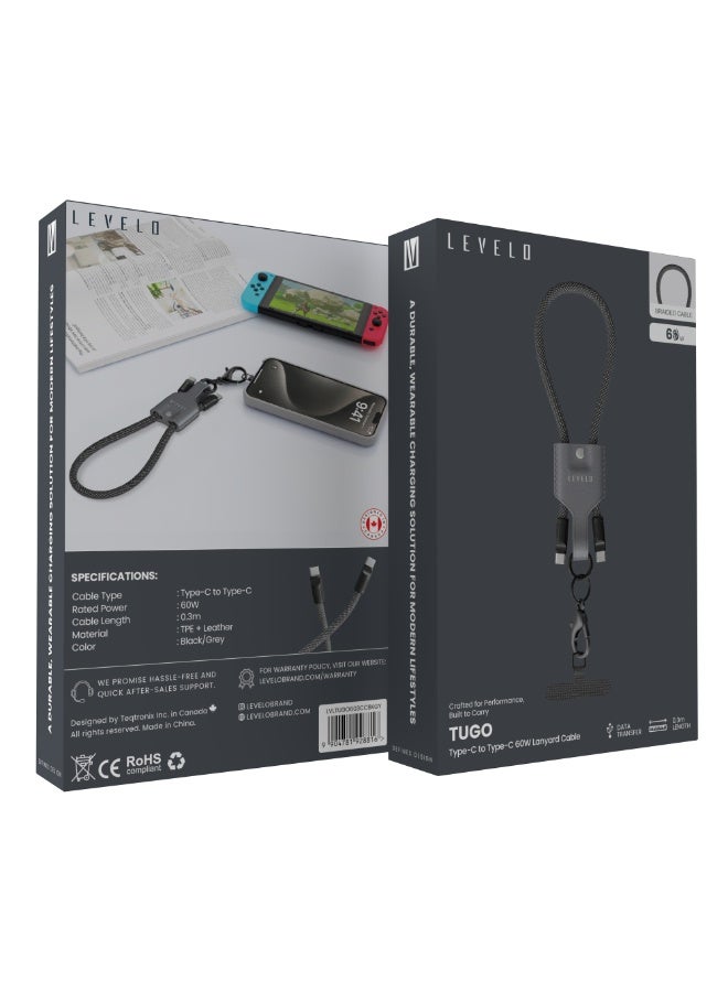 LEVELO Premium Lanyard Type-C to Type-C Cable with 60W Power Delivery and High-Speed Data Sync /0.3m Compact Length/Premium TPE Leather Build/Travel-Friendly Design/Durable Connector/Everyday Carry Ready - Black & Grey - Image 4