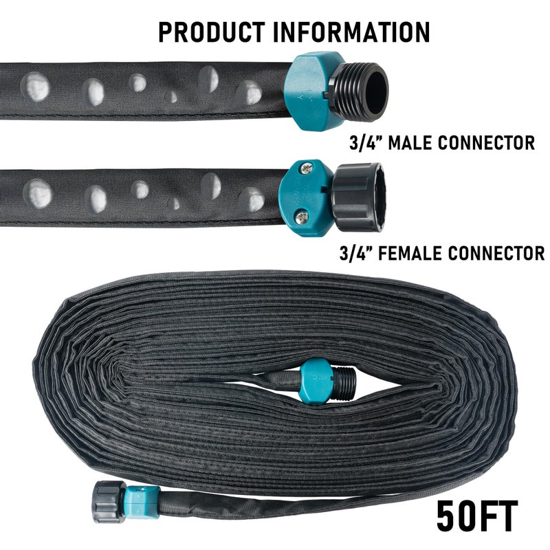 Hourleey Flat Soaker Hose 100 FT for Garden, 100' (50FT x 2) Linkable Consistent Drip Irrigation Hose, Leak-free Dual-layer Design Saving 80% Water Garden System Water Hose with Holes - Image 2