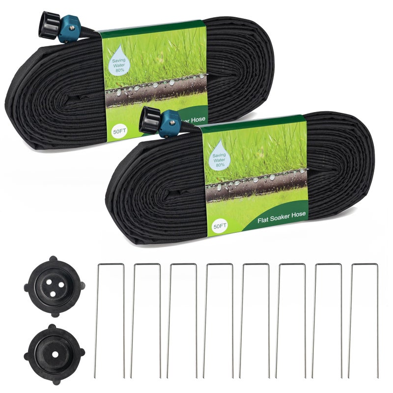 Hourleey Flat Soaker Hose 100 FT for Garden, 100' (50FT x 2) Linkable Consistent Drip Irrigation Hose, Leak-free Dual-layer Design Saving 80% Water Garden System Water Hose with Holes - Image 1