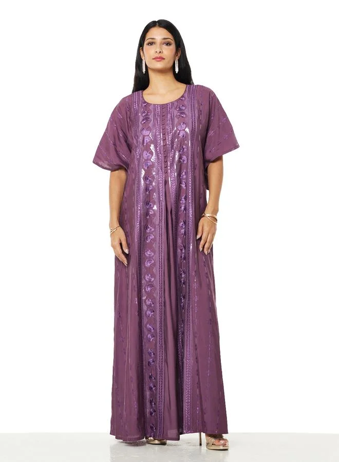 Thouq Regal Violet Embroidered A-Line Maxi Jalabiya