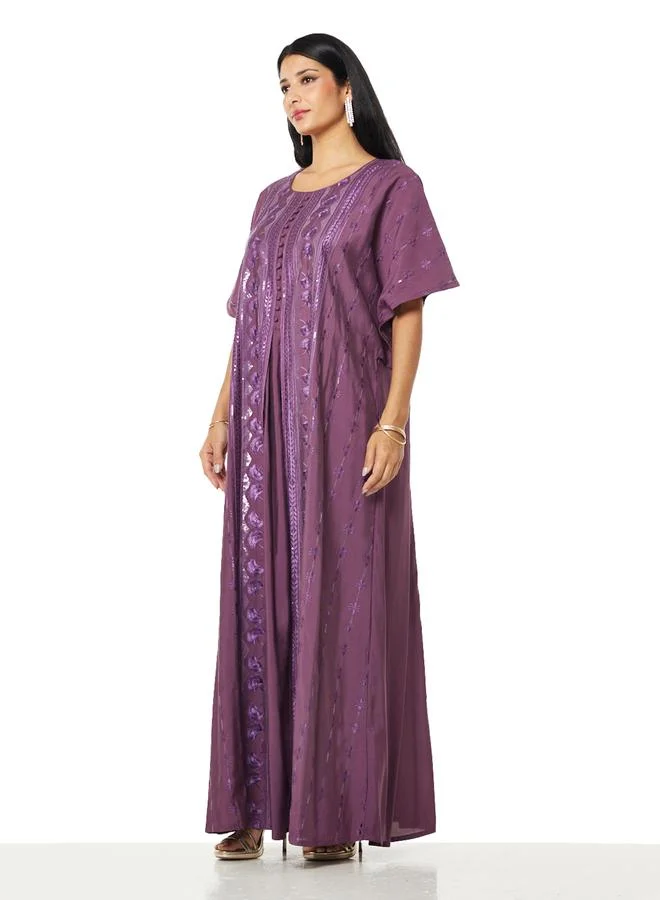 Thouq Regal Violet Embroidered A-Line Maxi Jalabiya