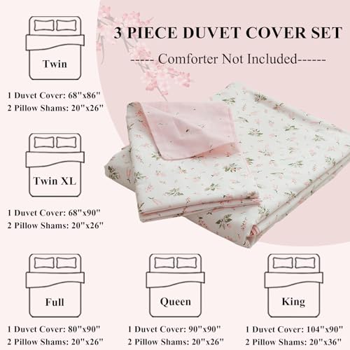 LifeTB Garden Style Duvet Cover Floral Print Bedding Sets King Pink White Floral Comforter Cover Cotton Chic Flower Print Duvet Cover for Girl Women Boho Floral Duvet Cover with Zipper Closure 4 Ties - Image 4