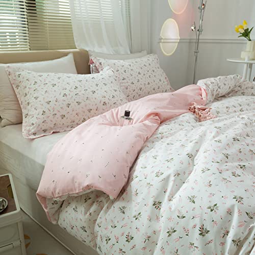 LifeTB Garden Style Duvet Cover Floral Print Bedding Sets King Pink White Floral Comforter Cover Cotton Chic Flower Print Duvet Cover for Girl Women Boho Floral Duvet Cover with Zipper Closure 4 Ties - Image 3