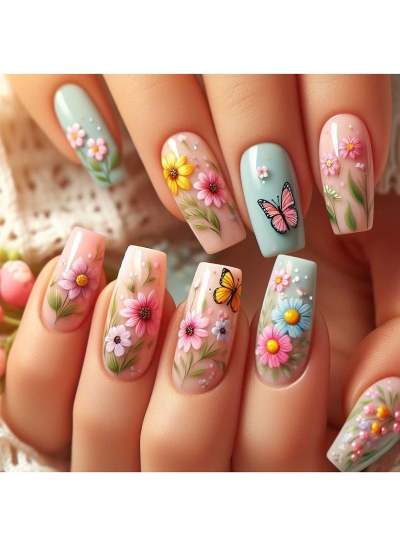 Goolsky أظافر ضغط مربعة طويلة فاخرة مزينة بالزهور الباستيلية والفراشات لسحر الريف الخيالي - Image 1