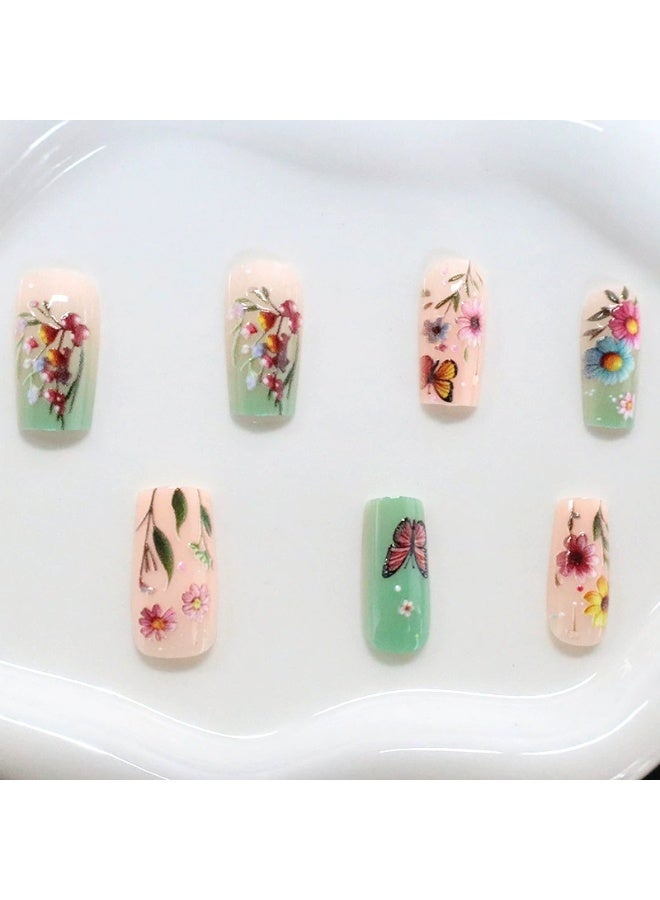 Goolsky أظافر ضغط مربعة طويلة فاخرة مزينة بالزهور الباستيلية والفراشات لسحر الريف الخيالي - Image 3