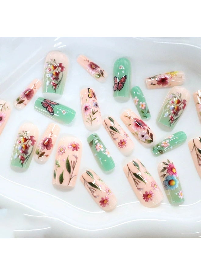 Goolsky أظافر ضغط مربعة طويلة فاخرة مزينة بالزهور الباستيلية والفراشات لسحر الريف الخيالي - Image 2
