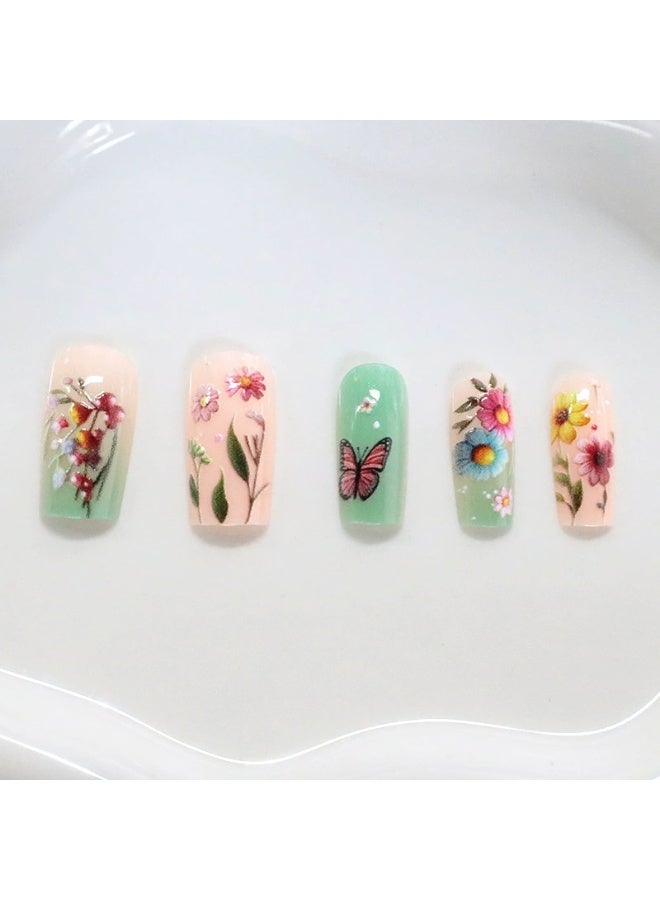 Goolsky أظافر ضغط مربعة طويلة فاخرة مزينة بالزهور الباستيلية والفراشات لسحر الريف الخيالي - Image 4