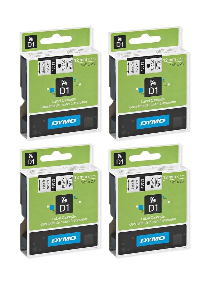 Dymo خرطوشة شريط DYMO 45013 D1 لصانعي الملصقات من Dymo، مصممة خصيصًا لجهاز LabelManager وLabelWriter Duo، 1/2 بوصة × 23 قدم، أسود على أبيض، عبوة من 4 - Image 1