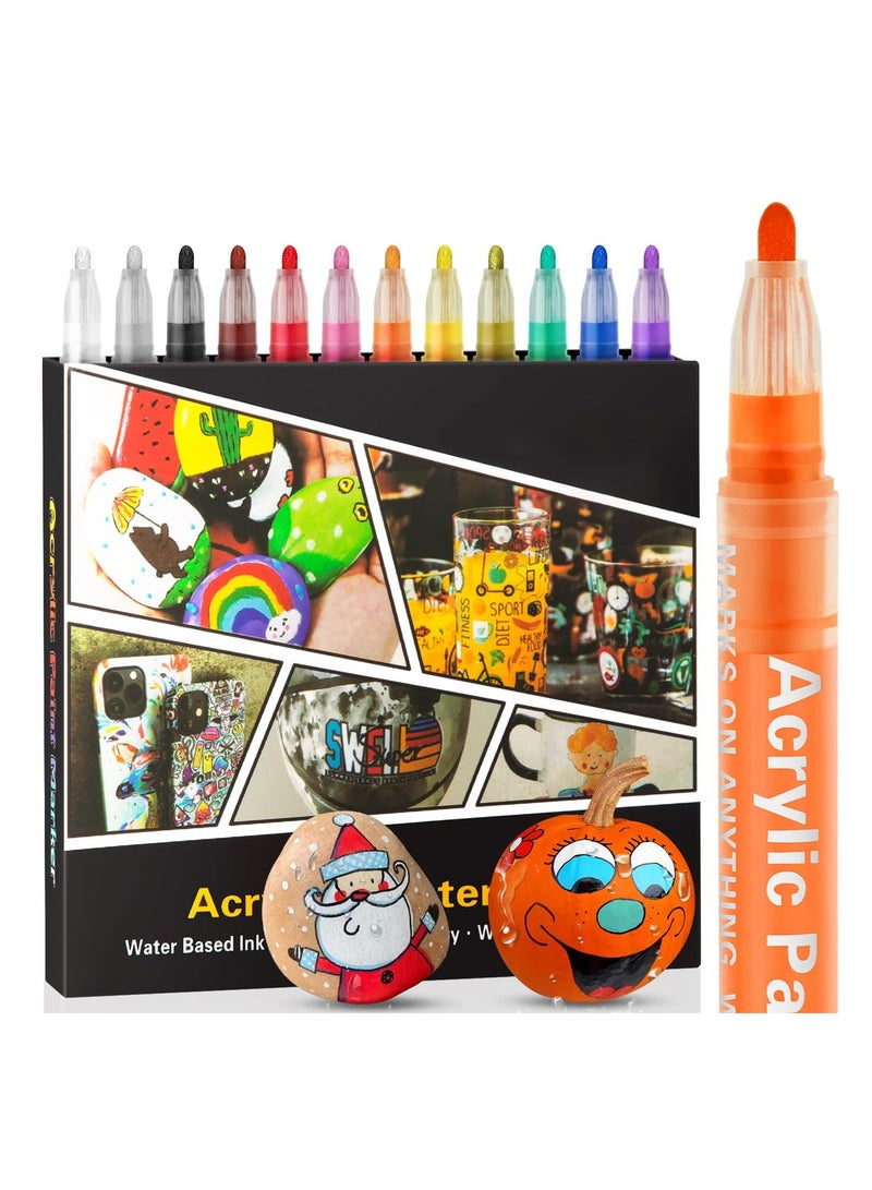 12 Color Acrylic Paint Markers Waterproof Paint Pens for Rock Painting Graffiti Stone Ceramic Glass Wood Fabric Canvas Porcelain Metal Water Based Quick Dry Non-Toxic 2mm - Image 1