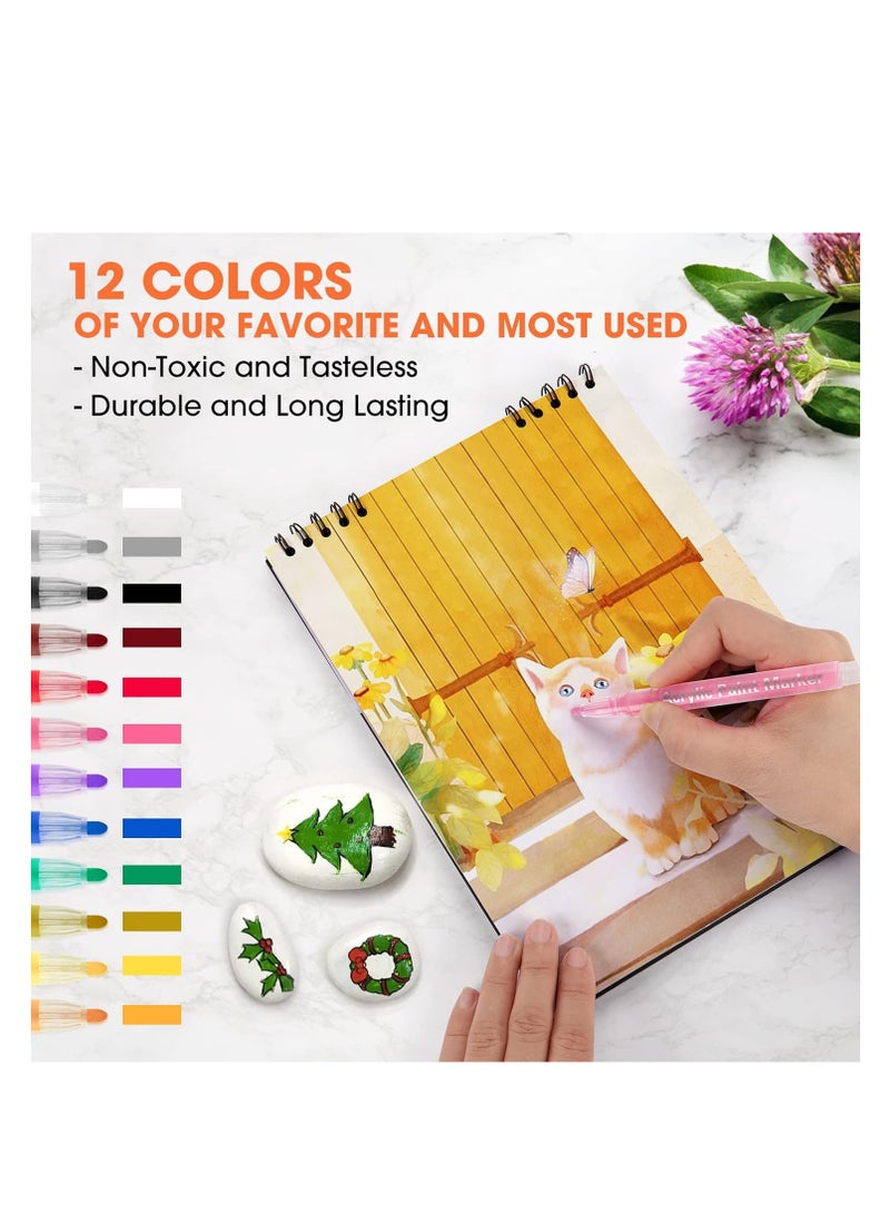 12 Color Acrylic Paint Markers Waterproof Paint Pens for Rock Painting Graffiti Stone Ceramic Glass Wood Fabric Canvas Porcelain Metal Water Based Quick Dry Non-Toxic 2mm - Image 2