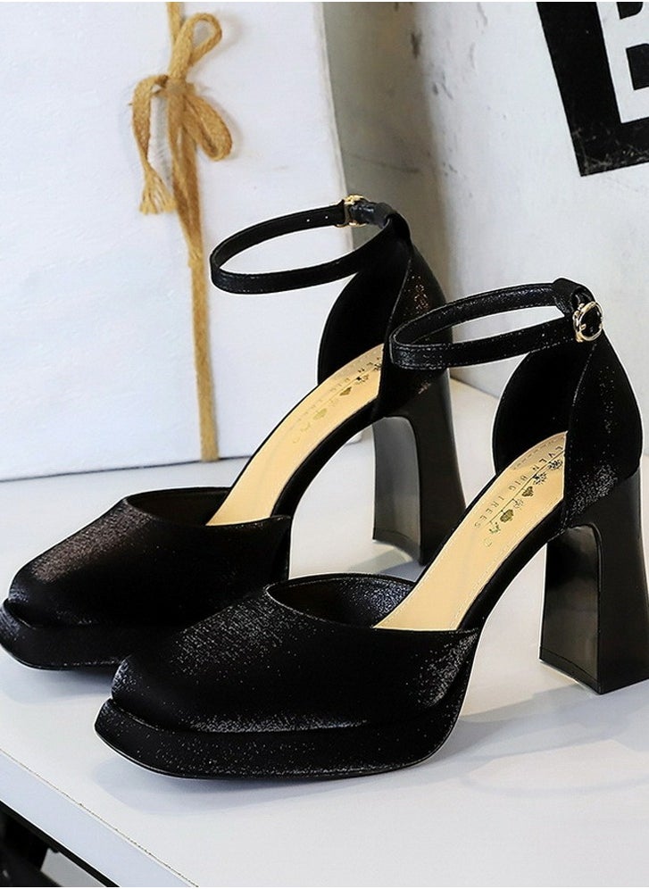 BIGTREE Womens Satin Platform Chunky High Heel Square Closed Toe Pumps With Ankle Strap Black 9CM  - Image 1