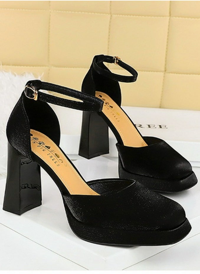 BIGTREE Womens Satin Platform Chunky High Heel Square Closed Toe Pumps With Ankle Strap Black 9CM  - Image 2