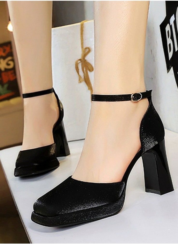 BIGTREE Womens Satin Platform Chunky High Heel Square Closed Toe Pumps With Ankle Strap Black 9CM  - Image 3