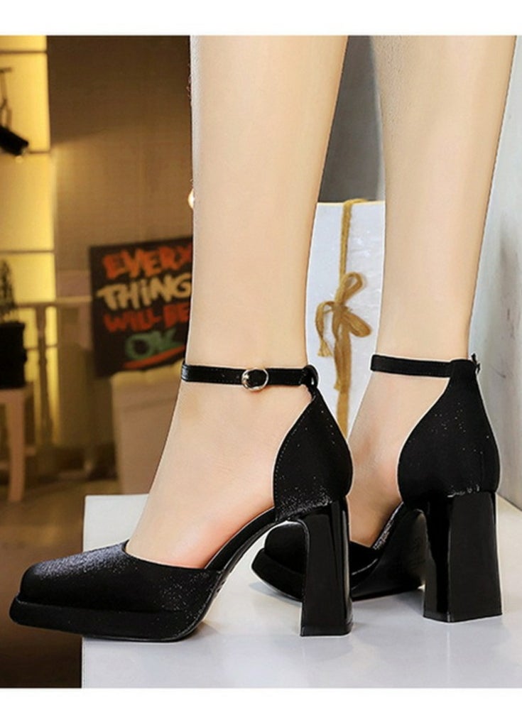 BIGTREE Womens Satin Platform Chunky High Heel Square Closed Toe Pumps With Ankle Strap Black 9CM  - Image 4