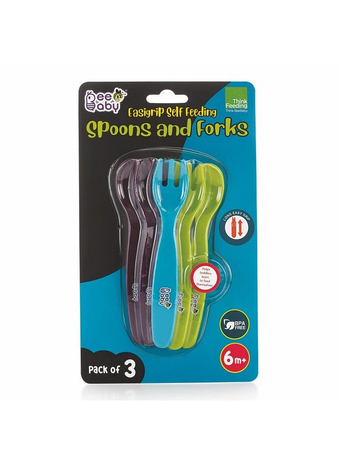 Beebaby Easigrip Self Feeding Plastic Spoons And Forks Set. Suitable For Training Toddlers. Cutlery For 6 Months + Babies. Pack Of 3. (Blue Green And Violet). Made Of Food Grade 100% Bpa Free. - Image 4