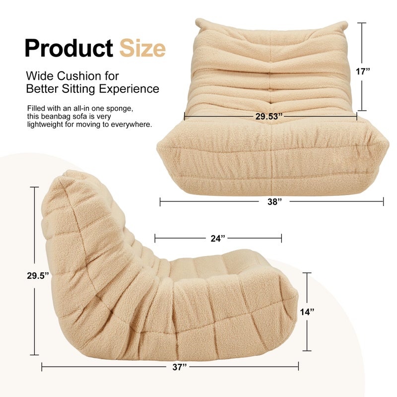Hobestluk Bean Bag Chairs for Adults Giant Bean Bag Chair Memory Foam BeanBag Chair Bean Bag Sofa with Filler Faux Fur Fireside Beanbags Lazy Sofa for Living Room Bedroom Office (Khaki Teddy, Single) - Image 2