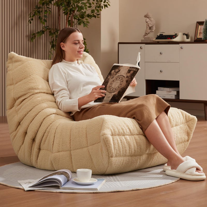 Hobestluk Bean Bag Chairs for Adults Giant Bean Bag Chair Memory Foam BeanBag Chair Bean Bag Sofa with Filler Faux Fur Fireside Beanbags Lazy Sofa for Living Room Bedroom Office (Khaki Teddy, Single) - Image 3