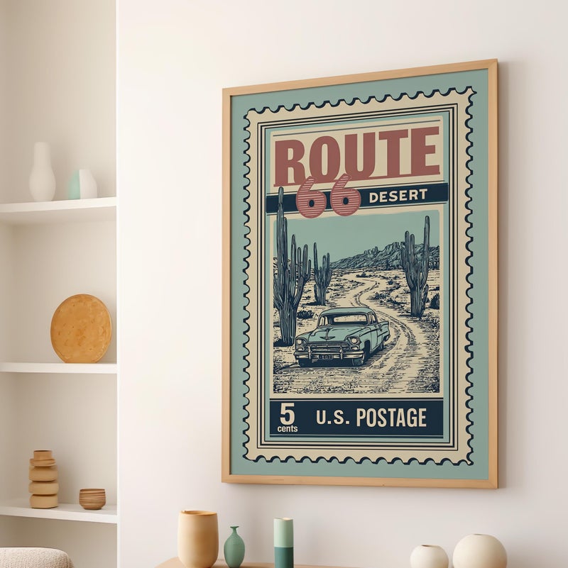 TNESSENTIAL Vintage Route 66 Desert Stamp Art Print Poster or Canvas, Retro Desert Travel Wall Decor, Light Blue Postage Art Print, Travel Poster Gift - Image 1