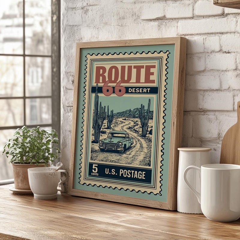 TNESSENTIAL Vintage Route 66 Desert Stamp Art Print Poster or Canvas, Retro Desert Travel Wall Decor, Light Blue Postage Art Print, Travel Poster Gift - Image 3
