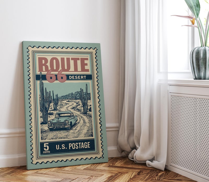 TNESSENTIAL Vintage Route 66 Desert Stamp Art Print Poster or Canvas, Retro Desert Travel Wall Decor, Light Blue Postage Art Print, Travel Poster Gift - Image 5