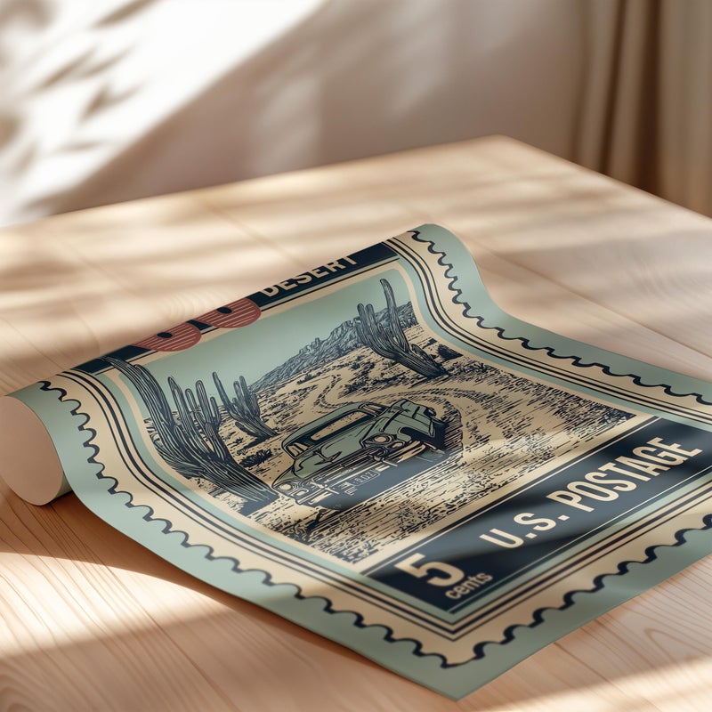 TNESSENTIAL Vintage Route 66 Desert Stamp Art Print Poster or Canvas, Retro Desert Travel Wall Decor, Light Blue Postage Art Print, Travel Poster Gift - Image 2