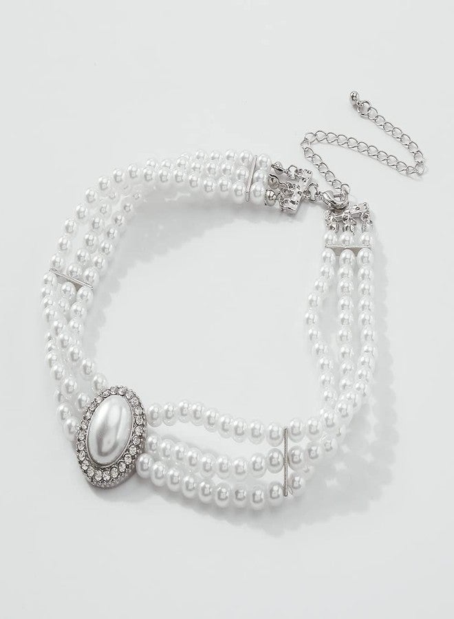 Chargances Boho 3 Layer Pearl Rhinestone Choker Necklace Dainty Big Pearl Pendant Choker 1920s Jewelry for Women(White-silver) - Image 5