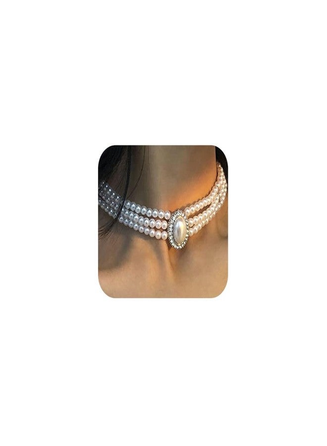 Chargances Boho 3 Layer Pearl Rhinestone Choker Necklace Dainty Big Pearl Pendant Choker 1920s Jewelry for Women(White-silver) - Image 1