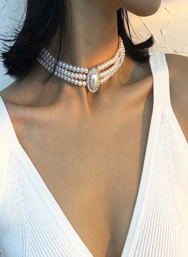 Chargances Boho 3 Layer Pearl Rhinestone Choker Necklace Dainty Big Pearl Pendant Choker 1920s Jewelry for Women(White-silver) - Image 2