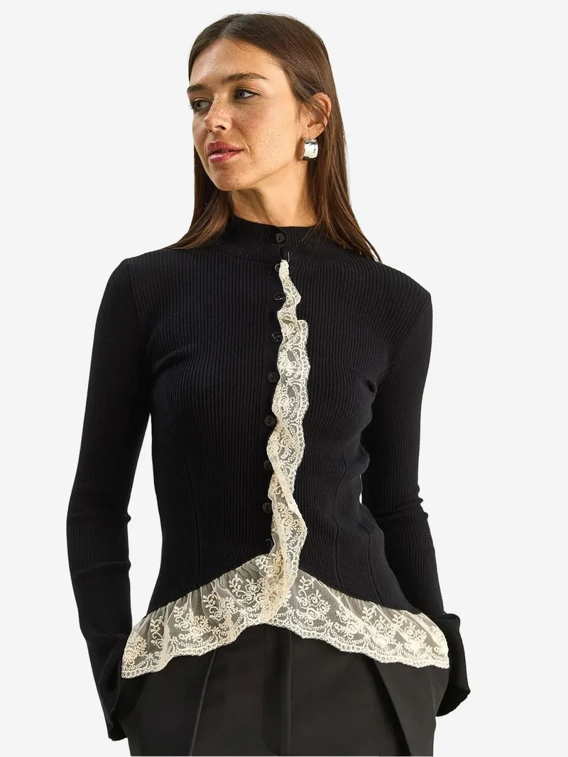 Bianco Lucci LUCCI Half Turtleneck Ribbed Cardigan