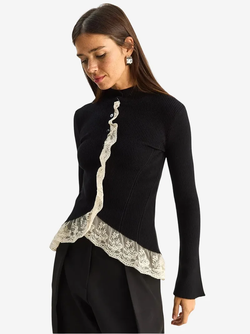 Bianco Lucci LUCCI Half Turtleneck Ribbed Cardigan
