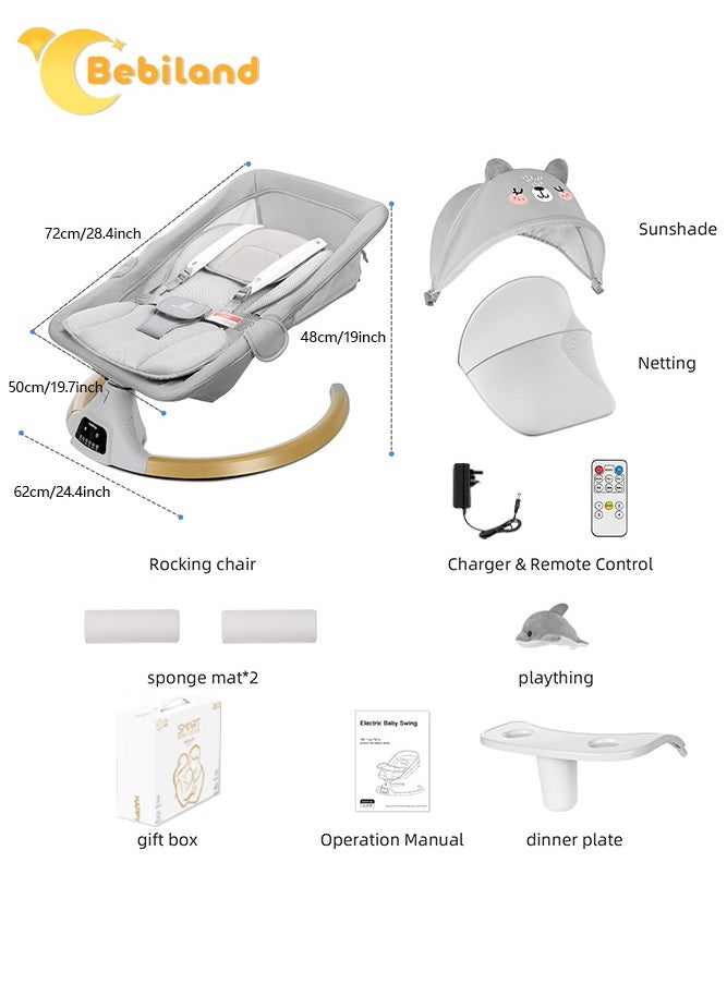 Bebiland - Bear Shape Baby Swing with Detachable Dinner Plate, 3-in-1 Electric Rocking Chair with Remote Control, 4 Gears Sway Time, Bluetooth Support Baby Bouncer for 0-24 Months Toddler Infant (Grey) - Image 1