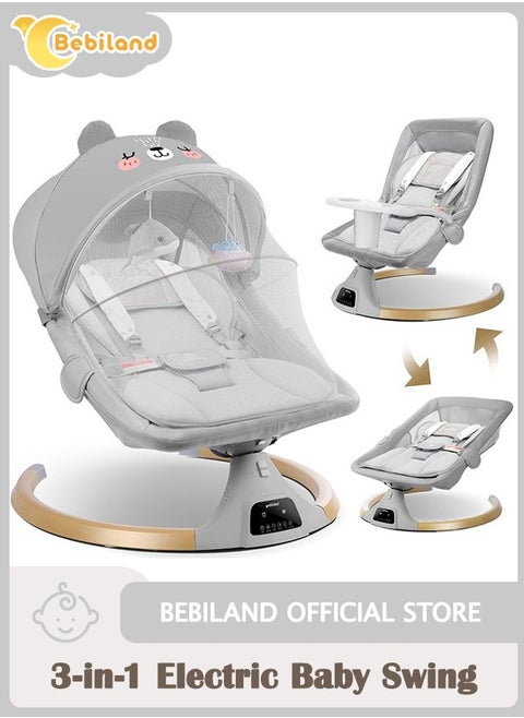 Bear Shape Baby Swing with Detachable Dinner Plate, 3-in-1 Electric Rocking Chair with Remote Control, 4 Gears Sway Time, Bluetooth Support Baby Bouncer for 0-24 Months Toddler Infant (Grey)