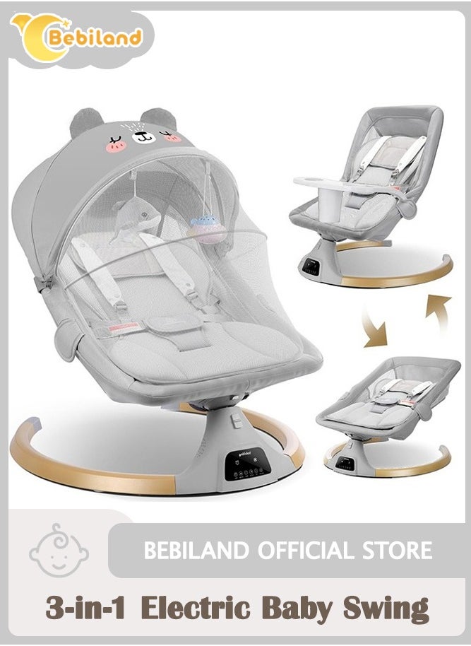 Bebiland - Bear Shape Baby Swing with Detachable Dinner Plate, 3-in-1 Electric Rocking Chair with Remote Control, 4 Gears Sway Time, Bluetooth Support Baby Bouncer for 0-24 Months Toddler Infant (Grey) - Image 1