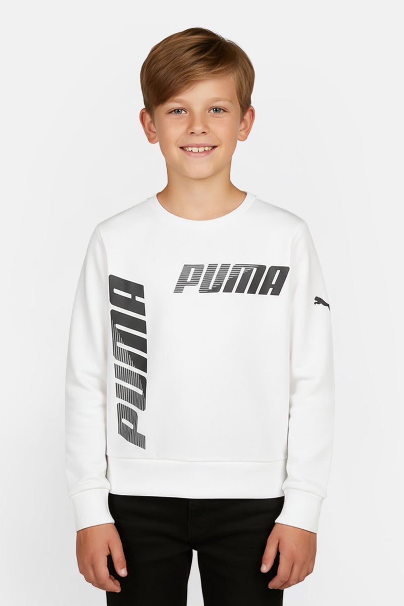 PUMA Kids Boy Brand Logo Long Sleeve Outdoor Sweatshirt, White - Image 1