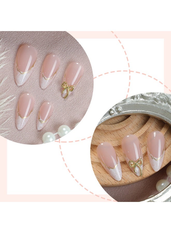THEMIDI. Nude Pink French Tip Press On Nails Almond Shape with Gold Bow & Lace Design Glossy Artificial Nails Set Full Cover Fake Nails Reusable Stick On Nails Soft Gel Acrylic Nail Kit Elegant Luxury Nails For Women Daily Wear Office Wedding Eid Party Salon Style Long Lasting Damage Free Nails - Image 3