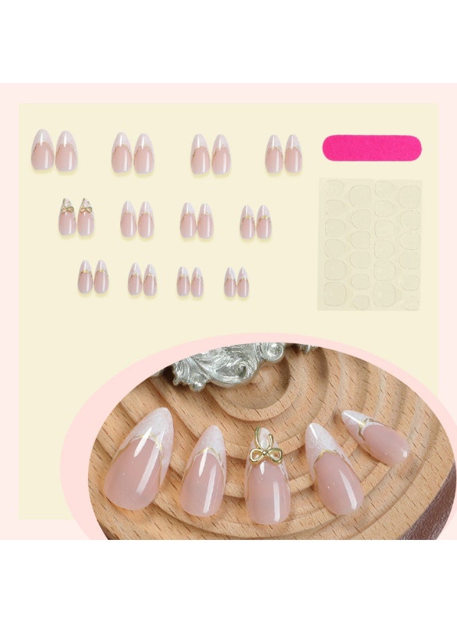 THEMIDI. Nude Pink French Tip Press On Nails Almond Shape with Gold Bow & Lace Design Glossy Artificial Nails Set Full Cover Fake Nails Reusable Stick On Nails Soft Gel Acrylic Nail Kit Elegant Luxury Nails For Women Daily Wear Office Wedding Eid Party Salon Style Long Lasting Damage Free Nails - Image 2