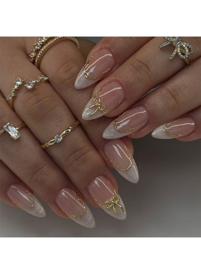 THEMIDI. Nude Pink French Tip Press On Nails Almond Shape with Gold Bow & Lace Design Glossy Artificial Nails Set Full Cover Fake Nails Reusable Stick On Nails Soft Gel Acrylic Nail Kit Elegant Luxury Nails For Women Daily Wear Office Wedding Eid Party Salon Style Long Lasting Damage Free Nails - Image 1