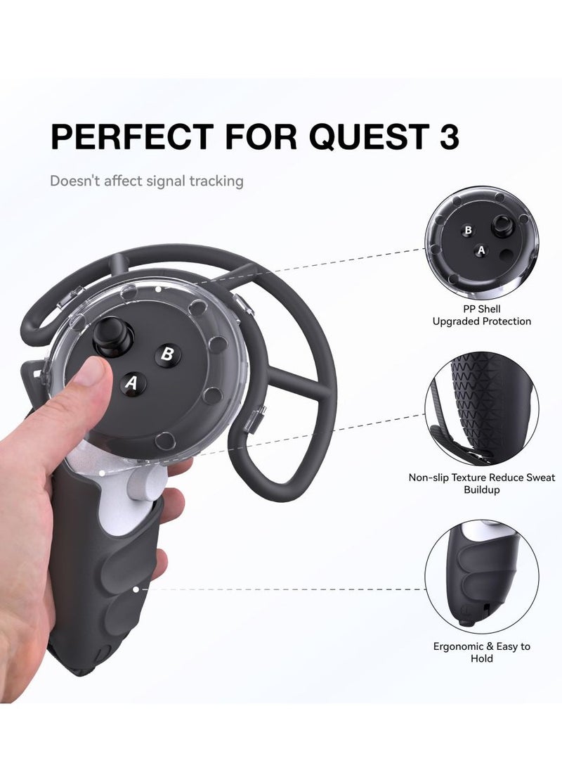 VR Controller Grips Cover for Meta Quest 3 Accessories, TPU Controller Protector with Adjustable Straps with Controller Hand Straps and 2pcs Joystick Cover for Meta Quest 3 Accessories (Black) - Image 2