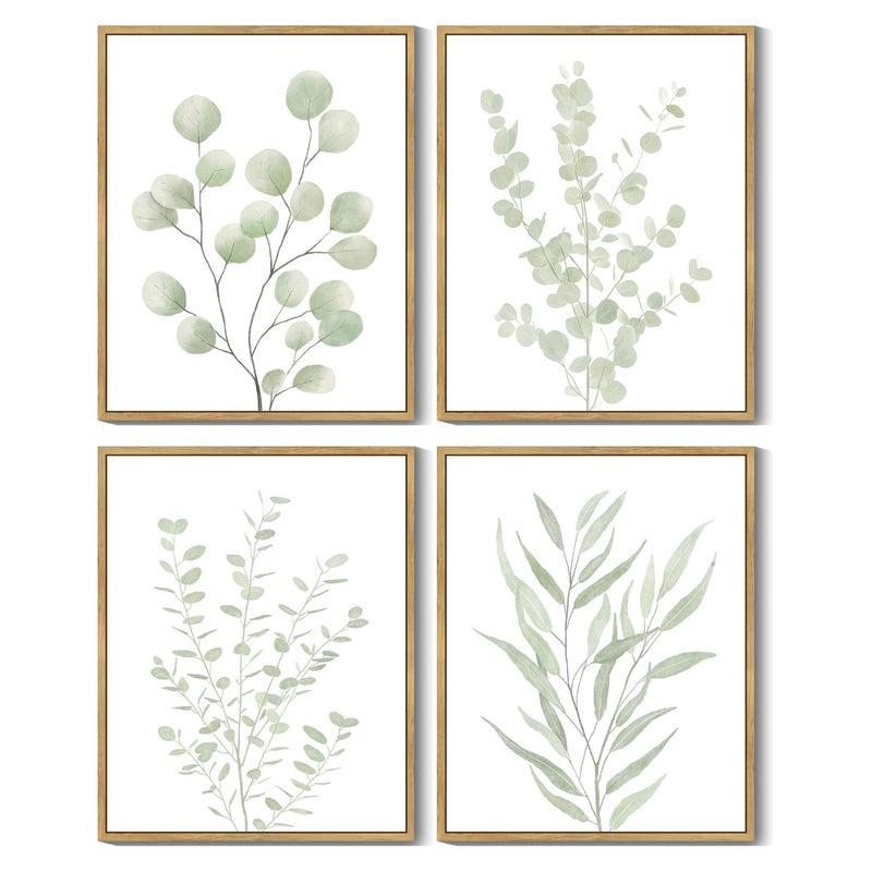 Drsoum Botanical Plant Framed Wall Art Boho Wall Decor for Bathroom Sage Green Eucalyptus Leaf Prints Minimalist Aesthetic Ready to Hang Set of 4, 8x10 in (Natural Framed) - Image 1