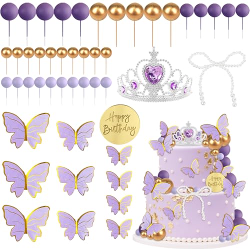 Knana 48PCS Purple Butterfly Cake Topper Set Purple Balls Crown Butterfly Pearl Bow Gold Birthday Topper NonEdible Cake Decorations for Wedding Baby Shower Birthday Parties - Image 1