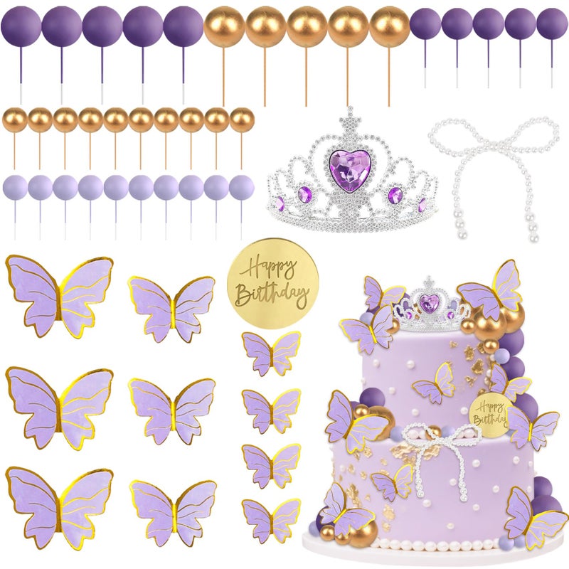 Knana 48PCS Purple Butterfly Cake Topper Set Purple Balls Crown Butterfly Pearl Bow Gold Birthday Topper NonEdible Cake Decorations for Wedding Baby Shower Birthday Parties - Image 2