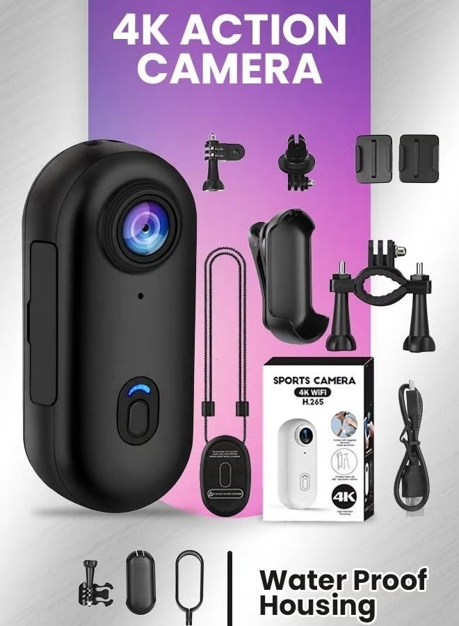 4K Ultra HD Mini Sports Camera – Wearable Magnetic Action Camera with Waterproof 30m Case, 360° Clip, 170° Wide-Angle Lens, Wi-Fi, 150-Min Battery for Cycling, Diving, Vlogging & Outdoor Adventures