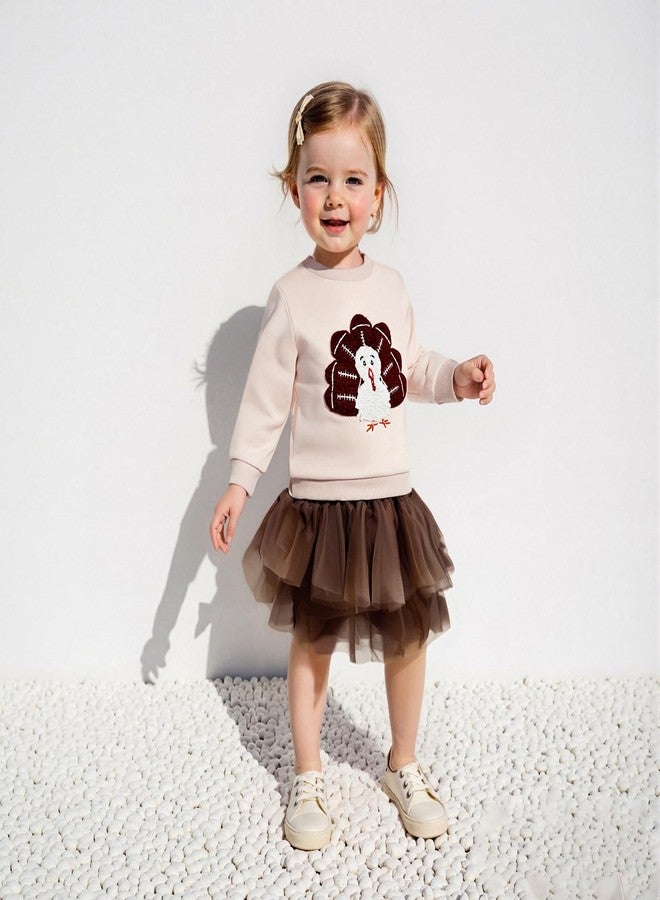 Karuedoo Toddler Baby Girl Thanksgiving Outfit Football Turkey Embroidery Crewneck Sweatshirt Top Tutu Skirt Set Fall Clothes (A-Apricot Pink, 2-3T) - Image 4