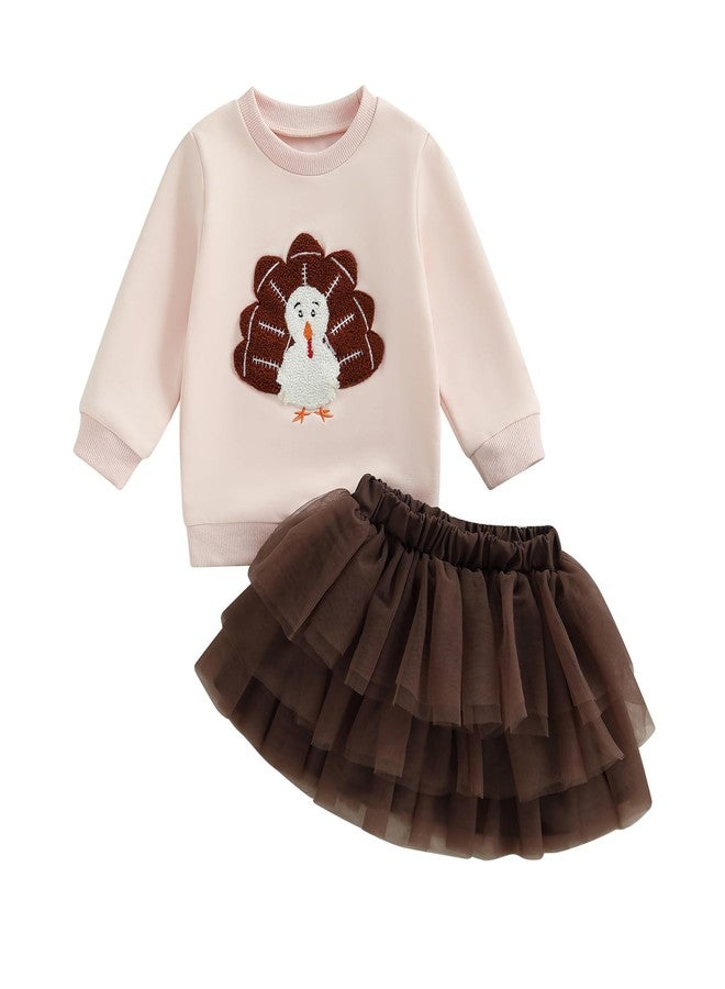 Karuedoo Toddler Baby Girl Thanksgiving Outfit Football Turkey Embroidery Crewneck Sweatshirt Top Tutu Skirt Set Fall Clothes (A-Apricot Pink, 2-3T) - Image 1
