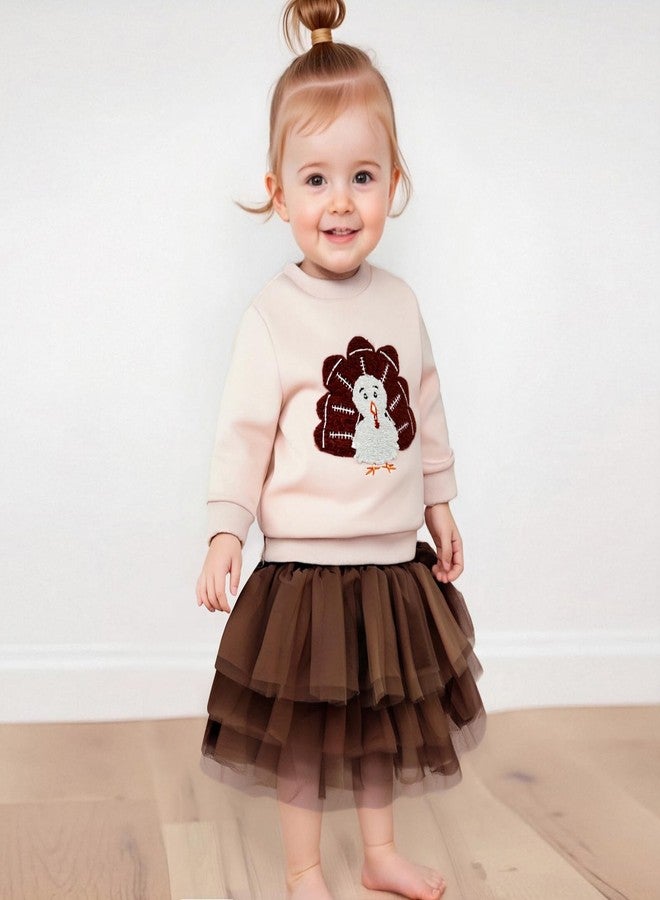 Karuedoo Toddler Baby Girl Thanksgiving Outfit Football Turkey Embroidery Crewneck Sweatshirt Top Tutu Skirt Set Fall Clothes (A-Apricot Pink, 2-3T) - Image 3