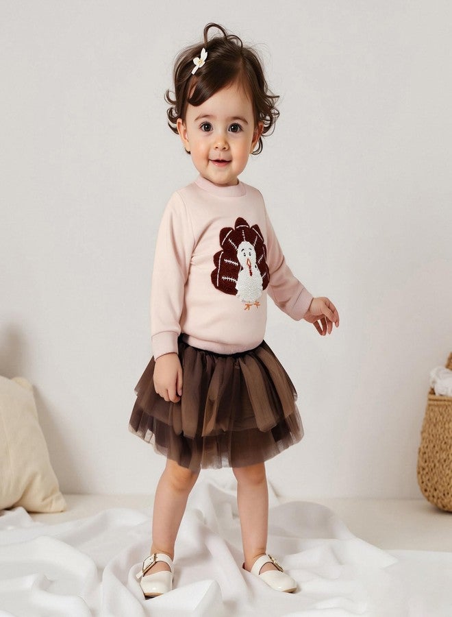 Karuedoo Toddler Baby Girl Thanksgiving Outfit Football Turkey Embroidery Crewneck Sweatshirt Top Tutu Skirt Set Fall Clothes (A-Apricot Pink, 2-3T) - Image 2
