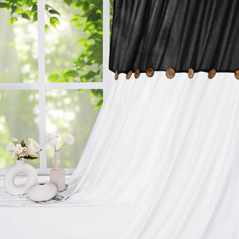 FRAMICS Farmhouse Cotton Linen Curtains for Living Room, Boho Button Curtains 84 Inch Length 2 Panels Set, Black Rustic Country Linen Window Curtains for Bedroom Rod Pocket Drapes, 52 x 84 Inch, Black - Image 3