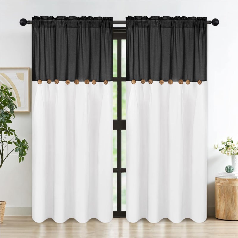 FRAMICS Farmhouse Cotton Linen Curtains for Living Room, Boho Button Curtains 84 Inch Length 2 Panels Set, Black Rustic Country Linen Window Curtains for Bedroom Rod Pocket Drapes, 52 x 84 Inch, Black - Image 2