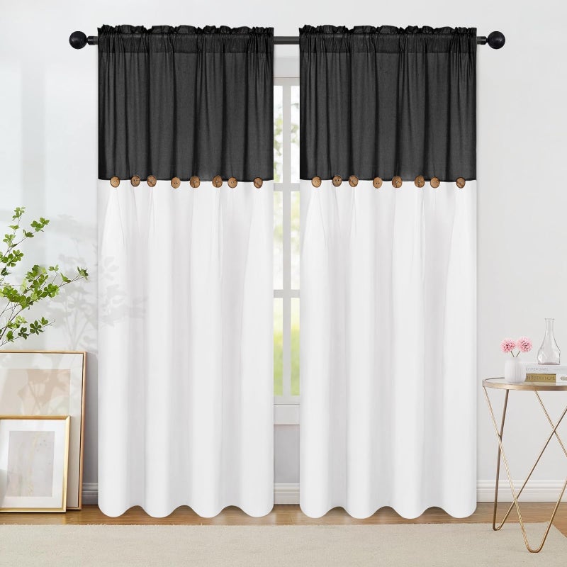 FRAMICS Farmhouse Cotton Linen Curtains for Living Room, Boho Button Curtains 84 Inch Length 2 Panels Set, Black Rustic Country Linen Window Curtains for Bedroom Rod Pocket Drapes, 52 x 84 Inch, Black - Image 1