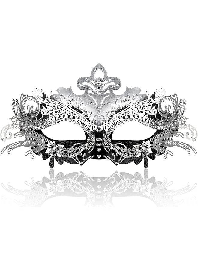 The Bros Masquerade Mask for Women Metal Mask Venetian Party Fit for Costume Party Ball Prom Black+Silver, One Size  - Image 1